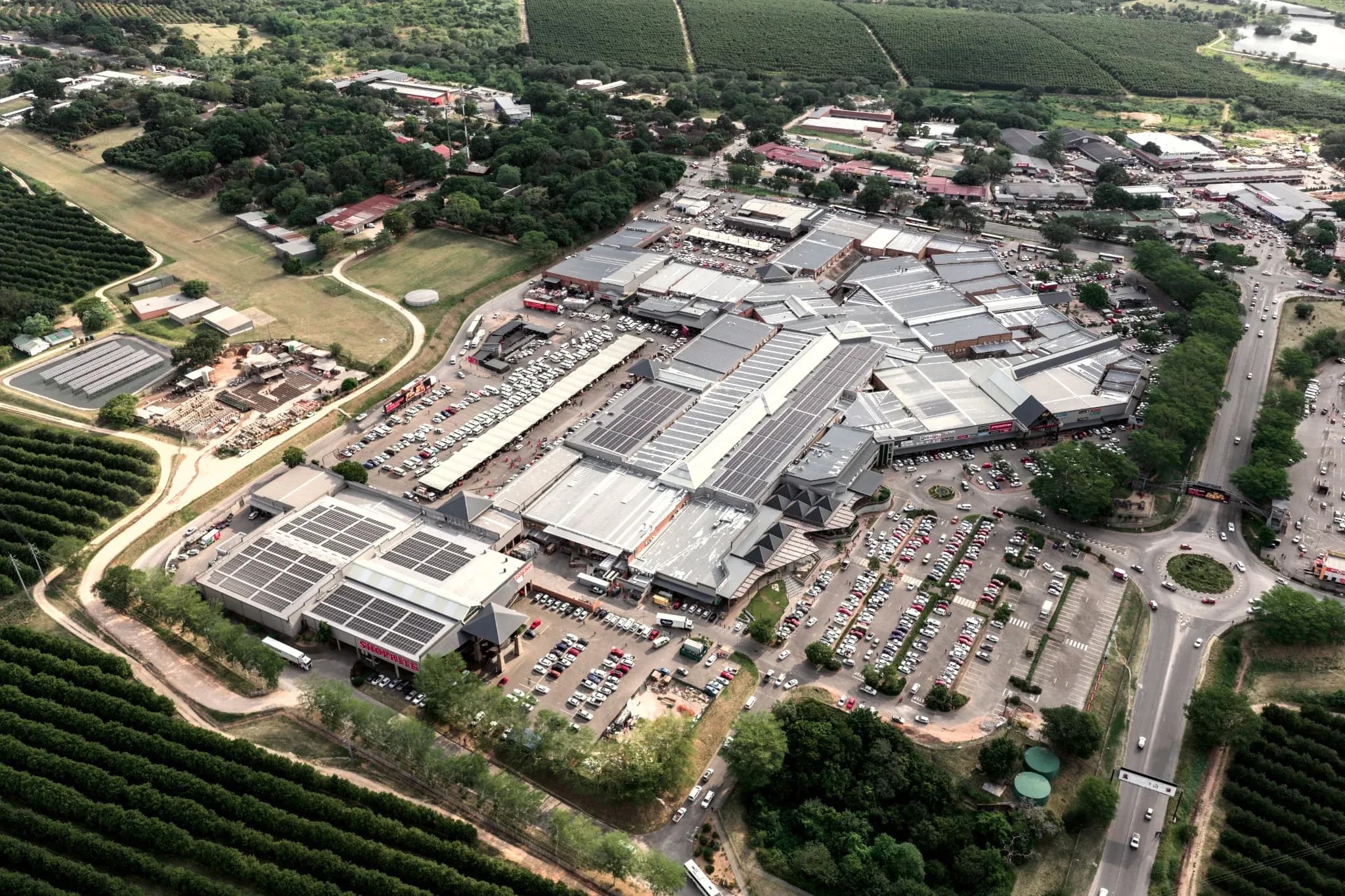 Lowveld Mall from the air, its solar roofs set among the citrus orchards outside Nelspruit